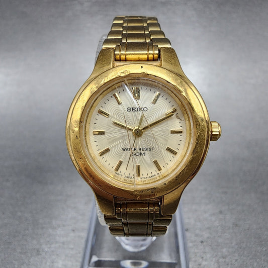 Seiko Watch Women 25mm Cream Dial Gold Tone Round V701-2H30 New Battery