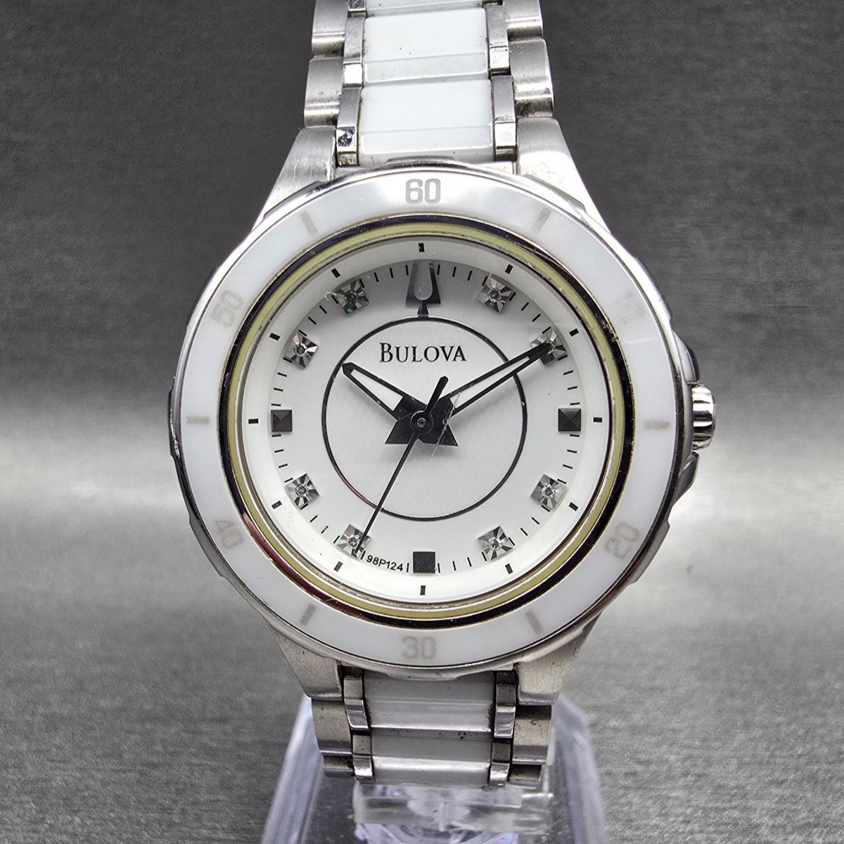 Bulova Diamond Watch Women 30mm White Dial Steel Ceramic Round 98P124 New Batt0