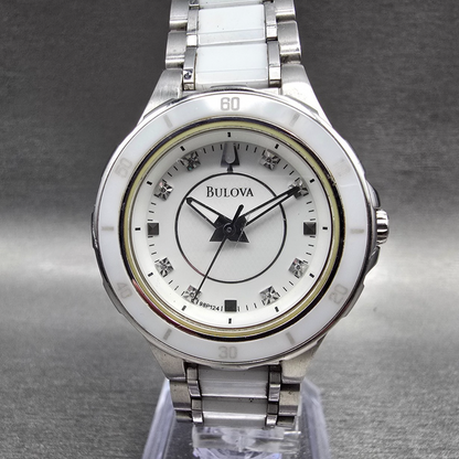 Bulova Diamond Watch Women 30mm White Dial Steel Ceramic Round 98P124 New Batt0