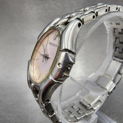 Seiko Watch Women 20mm Pink Dial Silver Tone Oval NO CROWN 1N01-0GS0 New Battery