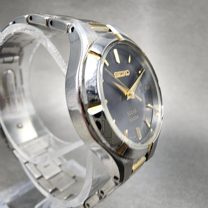 Seiko Solar Watch Women 27mm Black Dial Two Tone Date Round V1370CH0 Works3
