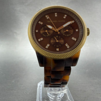 Michael Kors Watch Women 37mm Brown Dial Gold Brown Tone Daydate New Battery PT5