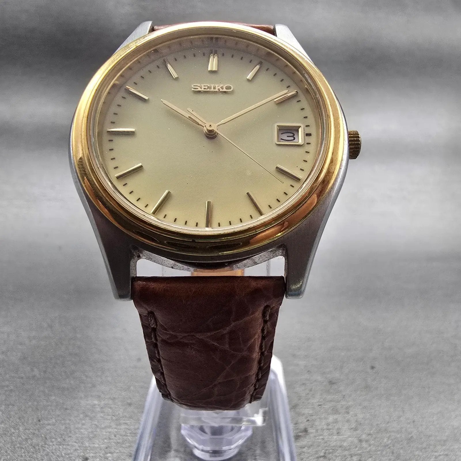 Seiko Watch Men 37mm Luminous Dial Gold Tone Date Round 7N42-8089 New Battery5