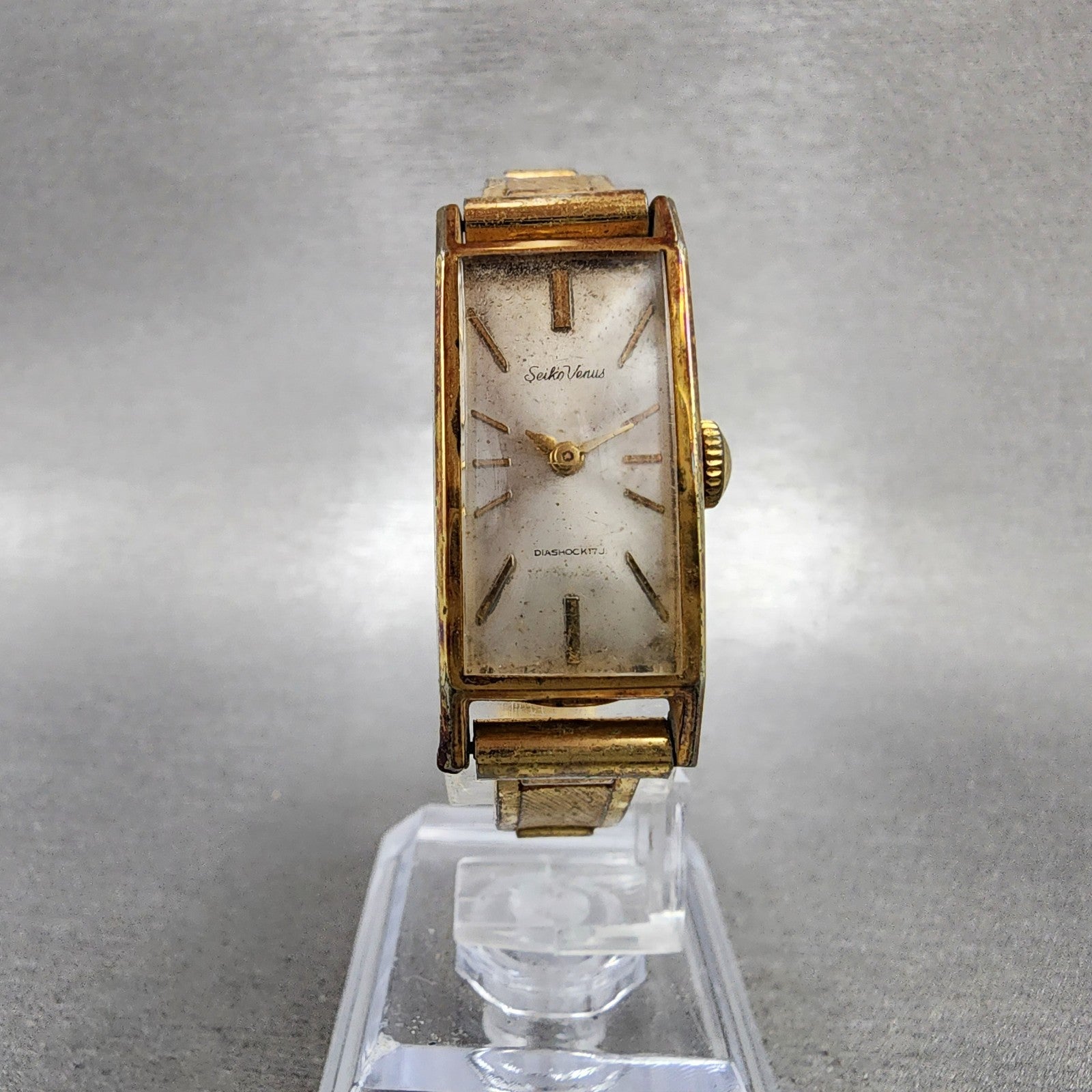 Seiko Venus Tank Watch Women 15mm Silver Dial Gold Plated Rectangle Manual Wind5