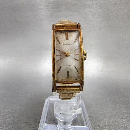 Seiko Venus Tank Watch Women 15mm Silver Dial Gold Plated Rectangle Manual Wind5