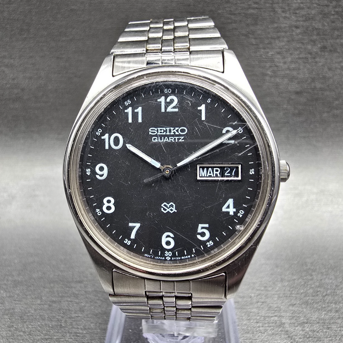 Seiko SQ Watch Men 35mm Black Dial Silver Tone Daydate Round 5Y23-8040 New Batt0