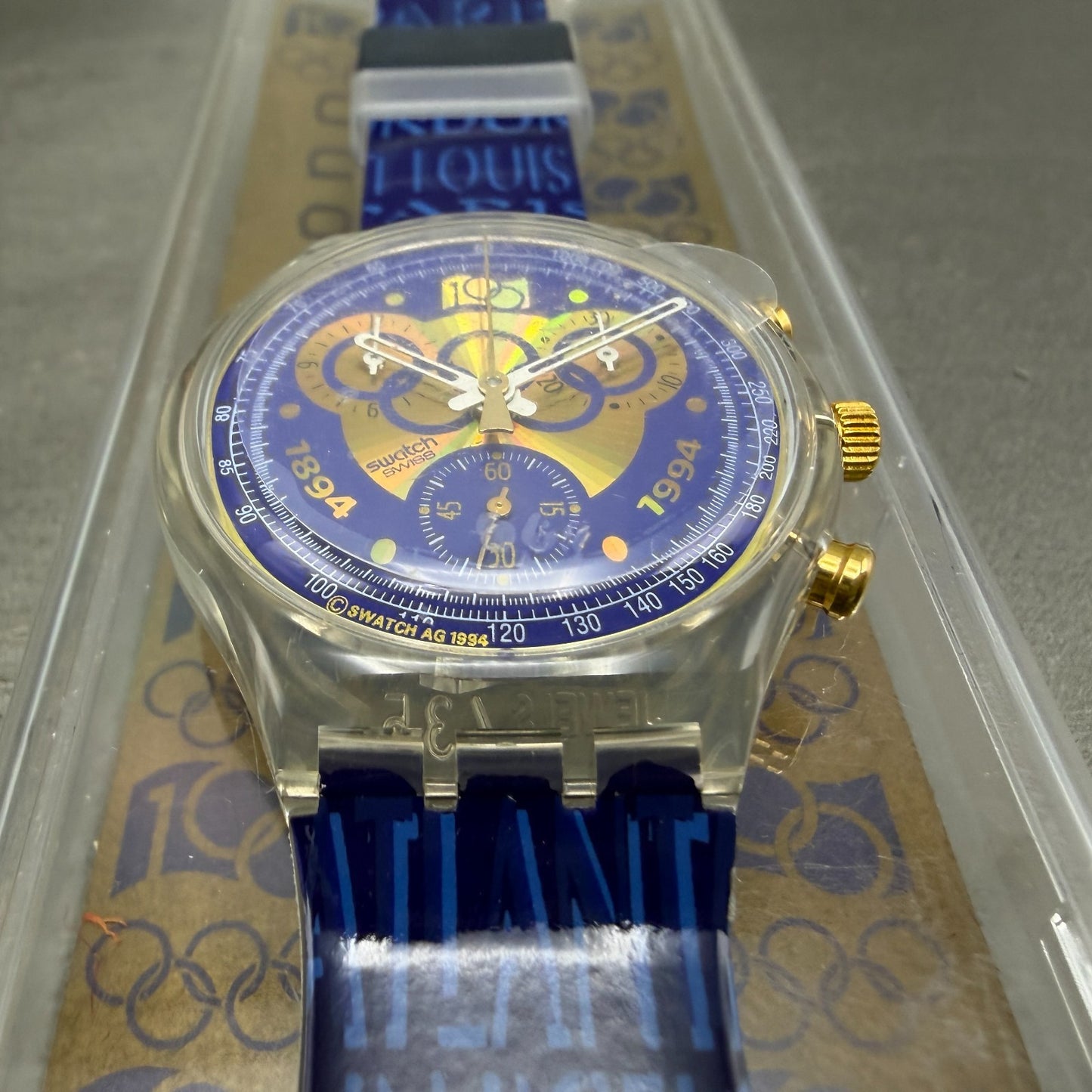 Swatch Chrono 100th Olympics Watch Men 37mm Blue Dial Clear SCZ101 NOS New batt2