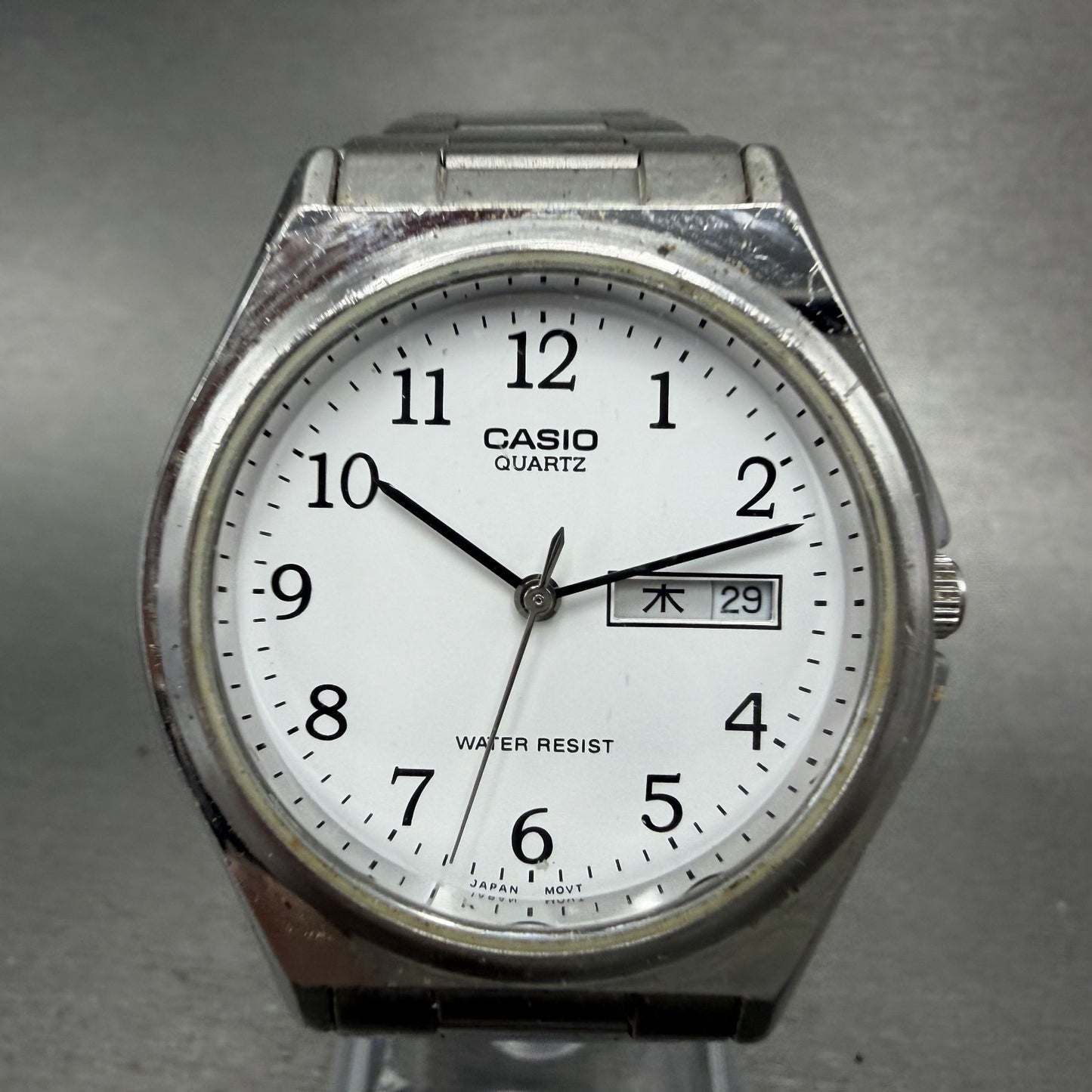 Casio Watch Men 36mm White Dial Silver Tone Daydate Round MTP1240 New Battery0