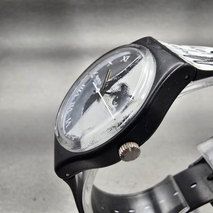 Swatch Gent GLANCE Watch Men 34mm Silver Dial Black Case Round GB149 New Batt L2
