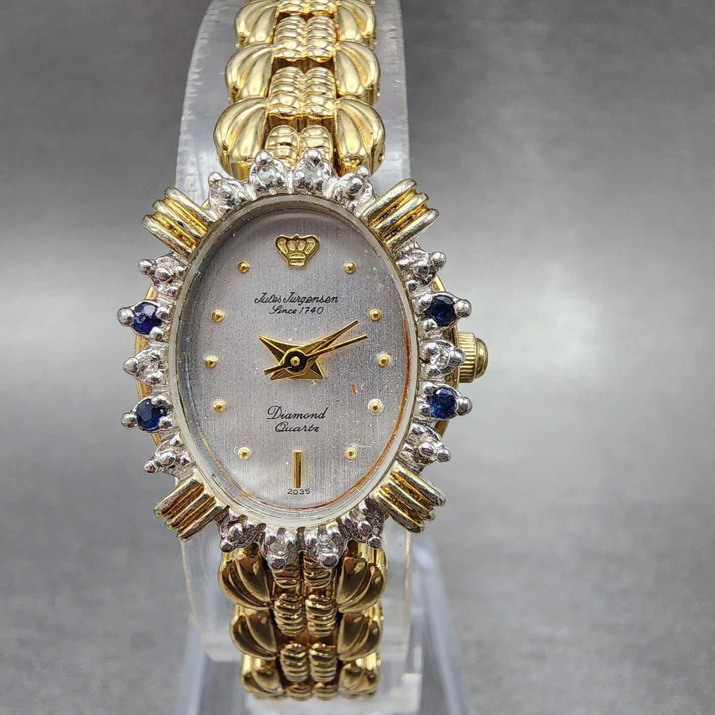 Jules Jurgenson Watch Women 17mm Silver Dial Gold Tone Diamond Bezel New Battery0