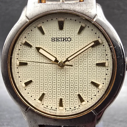 Seiko Watch Men 32mm Champagne Dial Two Tone Round V701-2B50 New Battery Vintage1