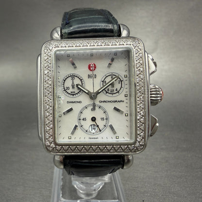 Michele Deco Chronograph Watch Women 33mm MOP Dial Steel Diamond New Battery0