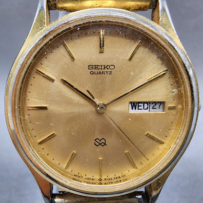Seiko SQ Watch Men 34mm Gold Dial Gold Tone Dadyate Round 5Y23-7079 New Battery