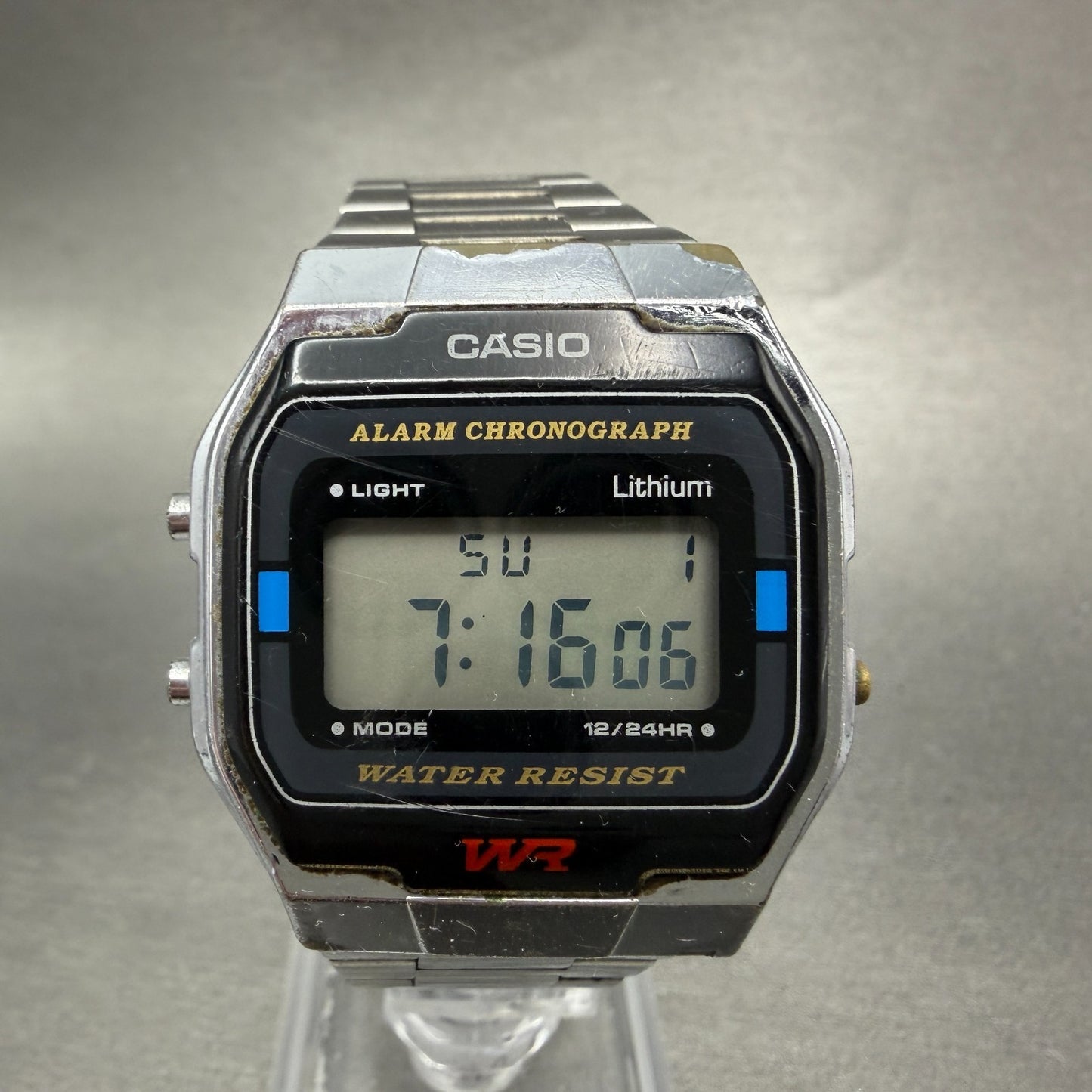 Casio A163W Watch Men 33mm Digital Silver Tone Alarm Chrono Octagon New batt VTG0