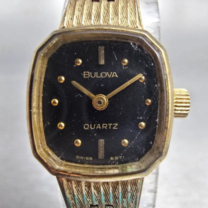 Bulova Watch Women 16mm Black Dial Gold Tone Oval 6971 New Battery Vintage1