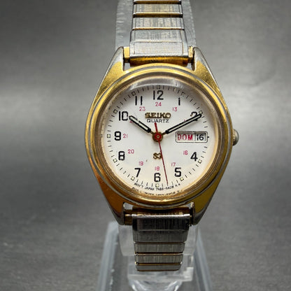 Seiko SQ Watch Women 24mm White Dial Gold Tone Daydate Round 7N83-6A09 NewBat B80
