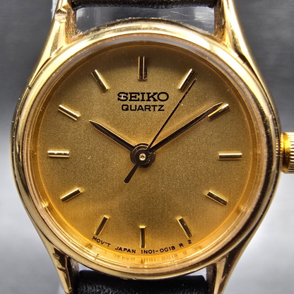 Seiko Watch Women 19mm Gold Dial Gold Tone Round 1N01-0E19 New Battery VTG JP 51
