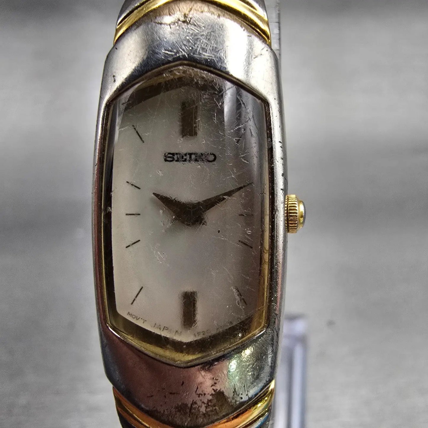 Seiko Watch Women 15mm White Dial Two Tone Rectangle 1F20-6H49 New Battery VTG1