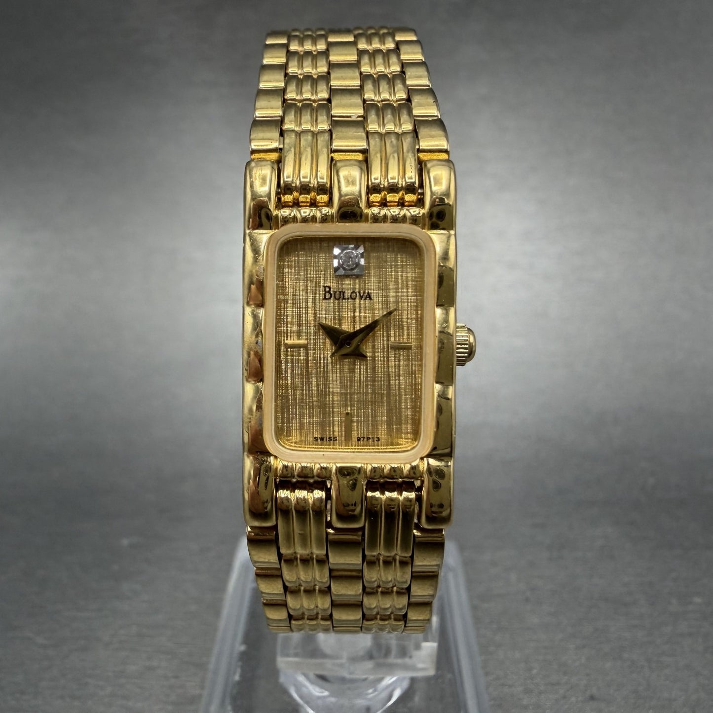 Bulova Tank Watch Women 14mm Champagne Dial Gold Tone 97P13 New Battery ABC0