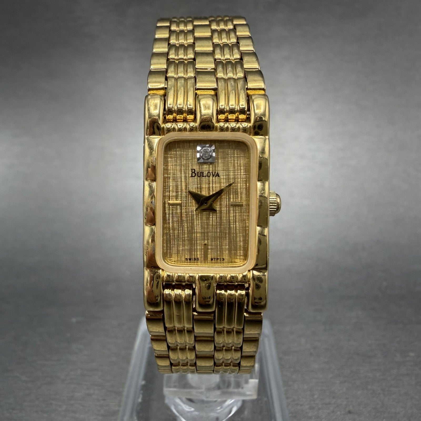 Bulova Tank Watch Women 14mm Champagne Dial Gold Tone 97P13 New Battery ABC0