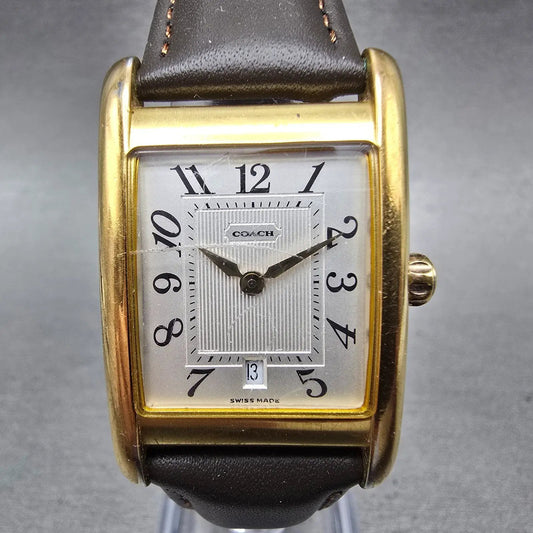 Coach Tank Watch Men 25mm Silver Dial Gold Tone Date Rectangle W503A New Battery0