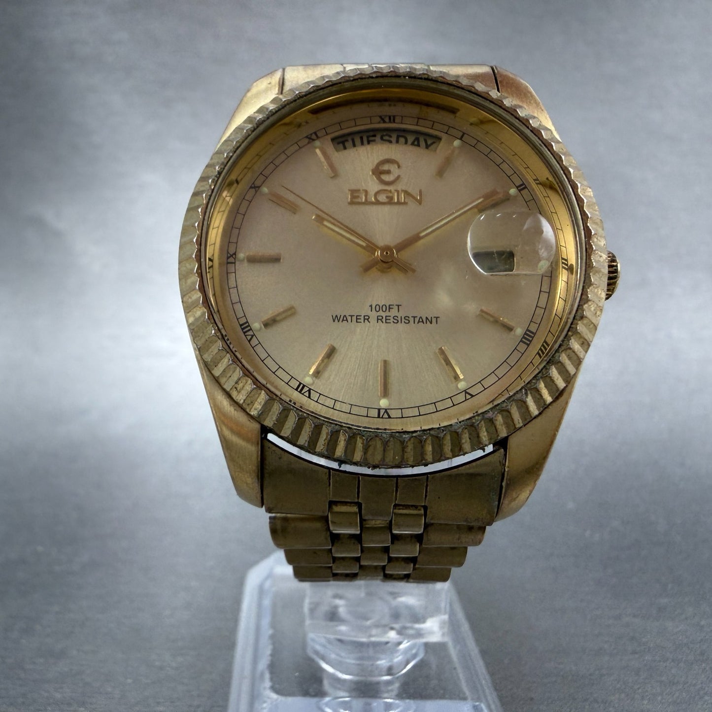 Elgin President Watch Men 38mm Gold Dial Gold Tone Daydate Round New Battery ABC5