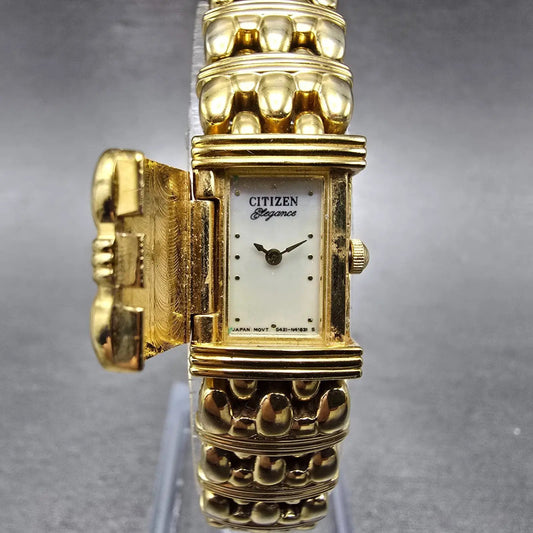 Citizen Elegance Tank Watch Women 14mm MOP Dial Gold Tone Flip Cover NewBatteryA0