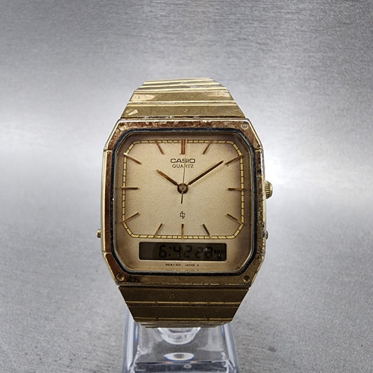 Casio AQ-412G Watch Men 30mm Analog Digital Alarm Chrono Octagon READ New Batt