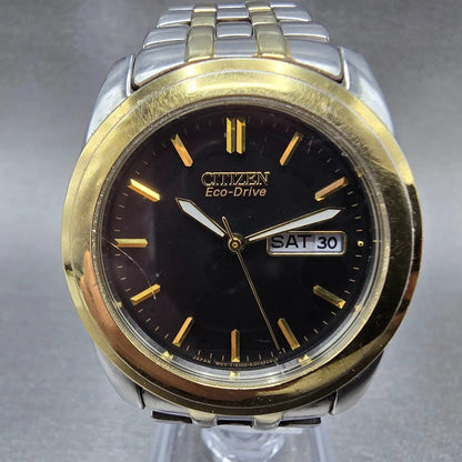 Citizen Eco-Drive Watch Men 35mm Black Dial Two Tone Daydate E100-K003091 Runs Q0