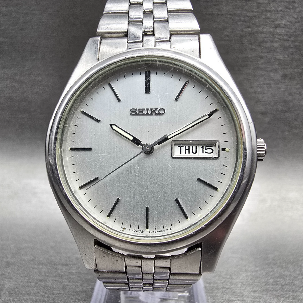 Seiko Watch Men 37mm Silver Dial Silver Tone Daydate Round 7N43-9048 New Battery0