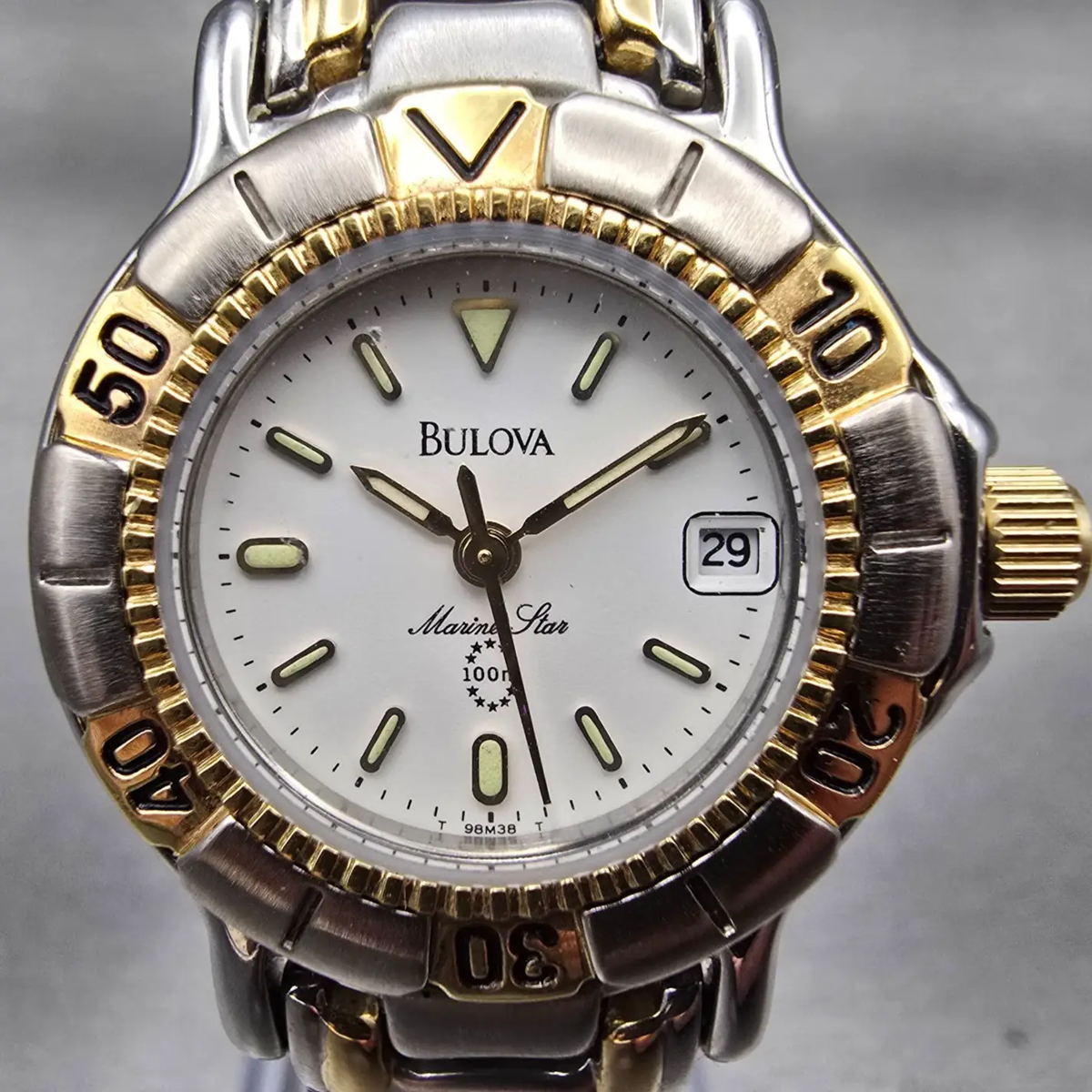 Bulova Marine Star Watch Women 27mm White Dial Two Tone Date Round 96M38 New Bat1