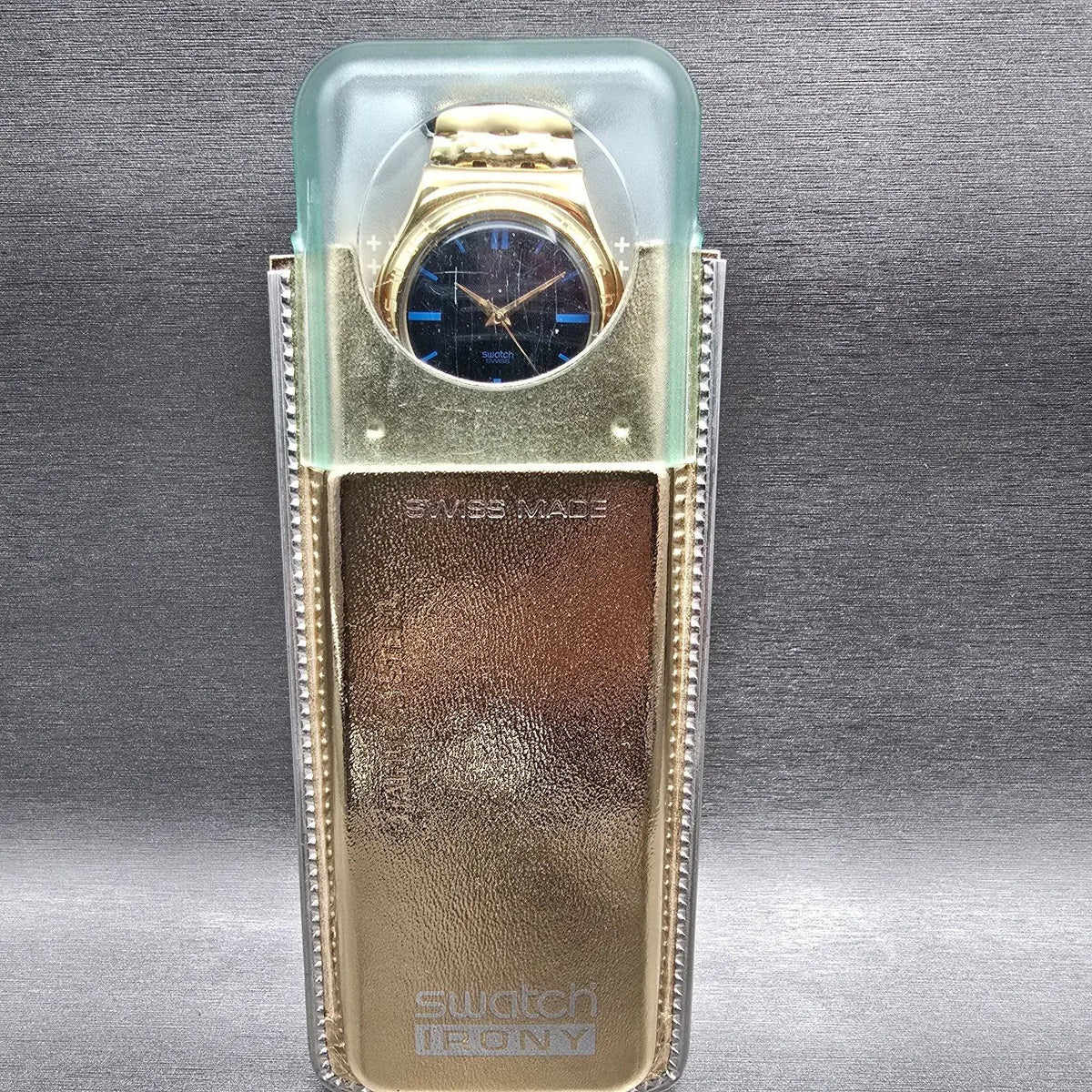 Swatch Irony Medium Evensong Watch Men 33mm Blue Dial Gold YLG110 New Batt NOS1