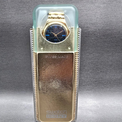 Swatch Irony Medium Evensong Watch Men 33mm Blue Dial Gold YLG110 New Batt NOS1