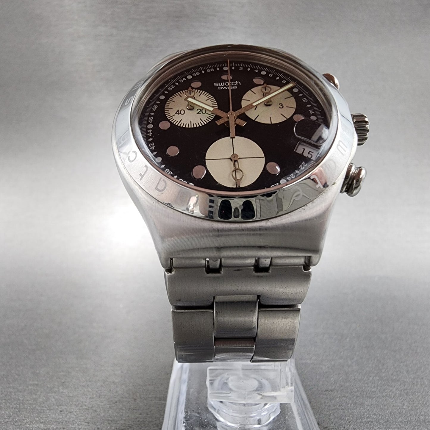 Swatch Irony Chrono Wisdom Watch Men 40mm Black Dial Steel Date Round New Batt5