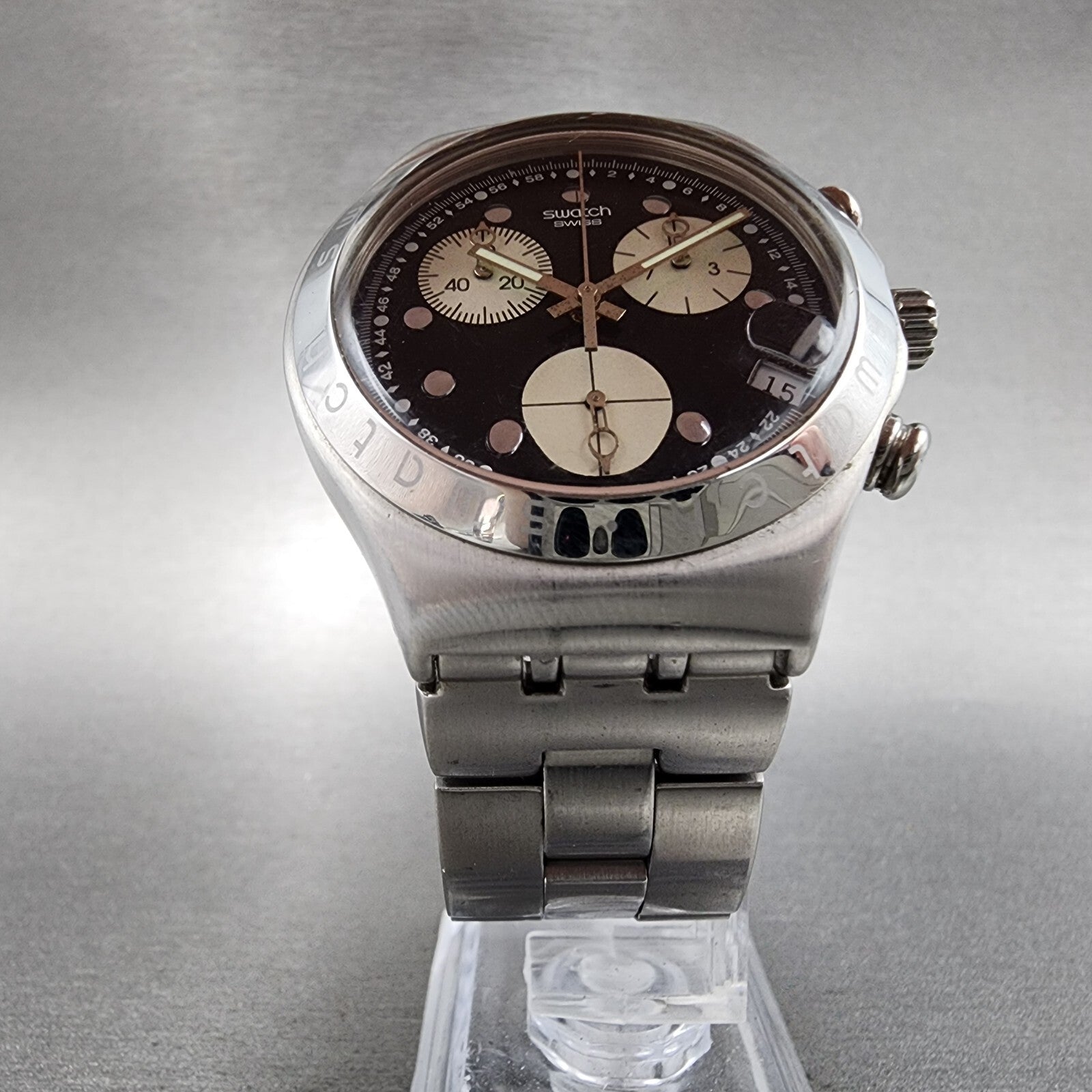 Swatch Irony Chrono Wisdom Watch Men 40mm Black Dial Steel Date Round New Batt5