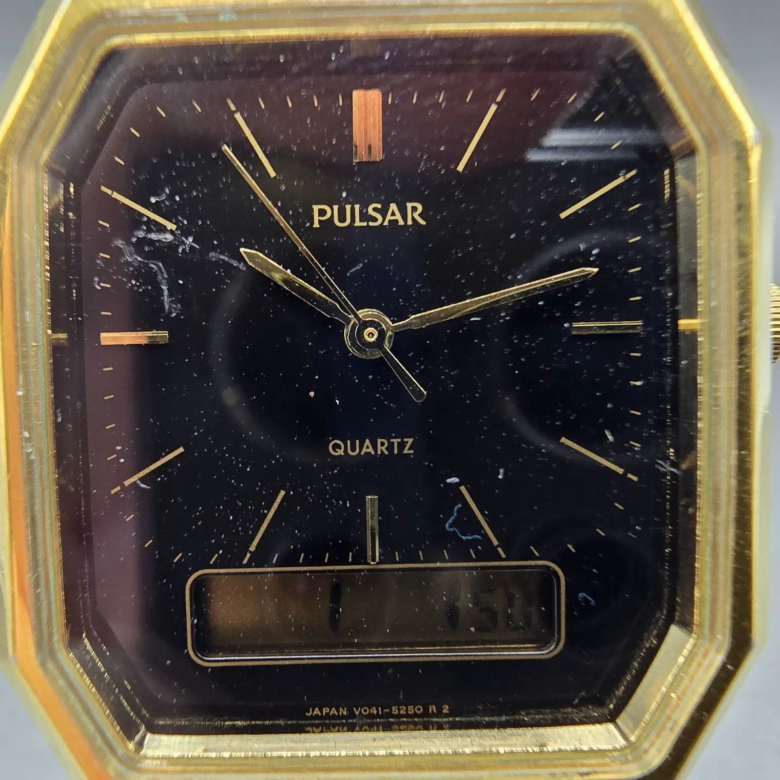 Pulsar Analog Digital Watch Men 29mm Black Dial Gold Octagon V041-5180 New BattL1