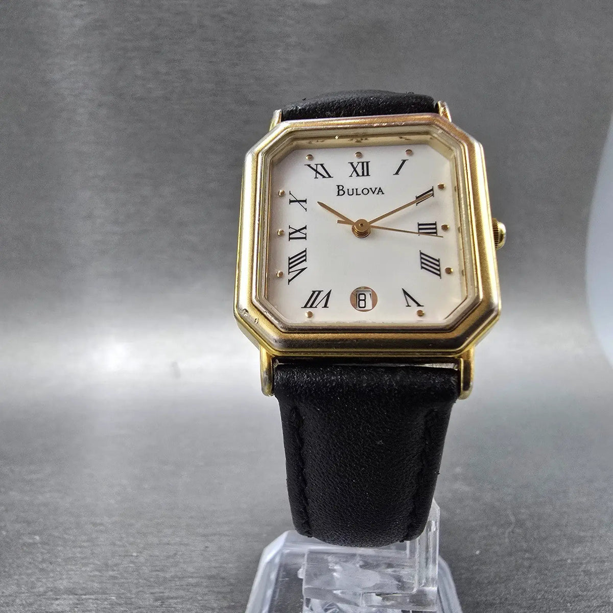 Bulova Tank Watch Men 25mm White Dial Gold Tone Date Octagon 92S10 New Battery5