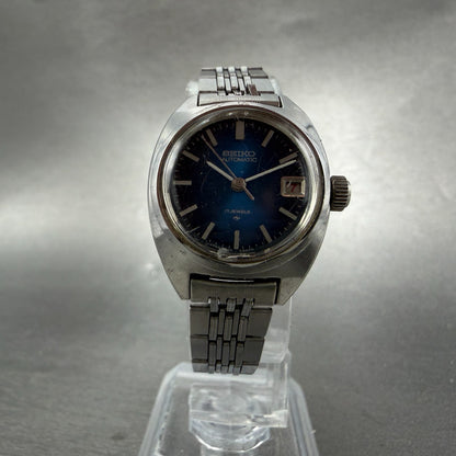 Seiko Automatic Watch Women 24mm Blue Dial Silver Tone Date 2205-0050 Runs VTG5