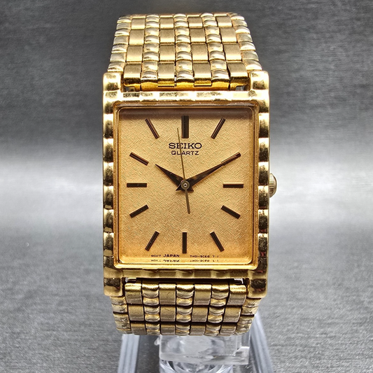 Seiko Watch Men 23mm Gold Dial Gold Tone Rectangle 7N01-5C39 New Battery0