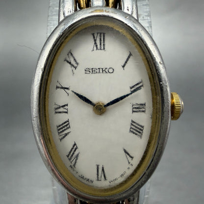 Seiko Watch Women 17mm White Dial Two Tone Oval Vintage V400-1029 New Battery GH1