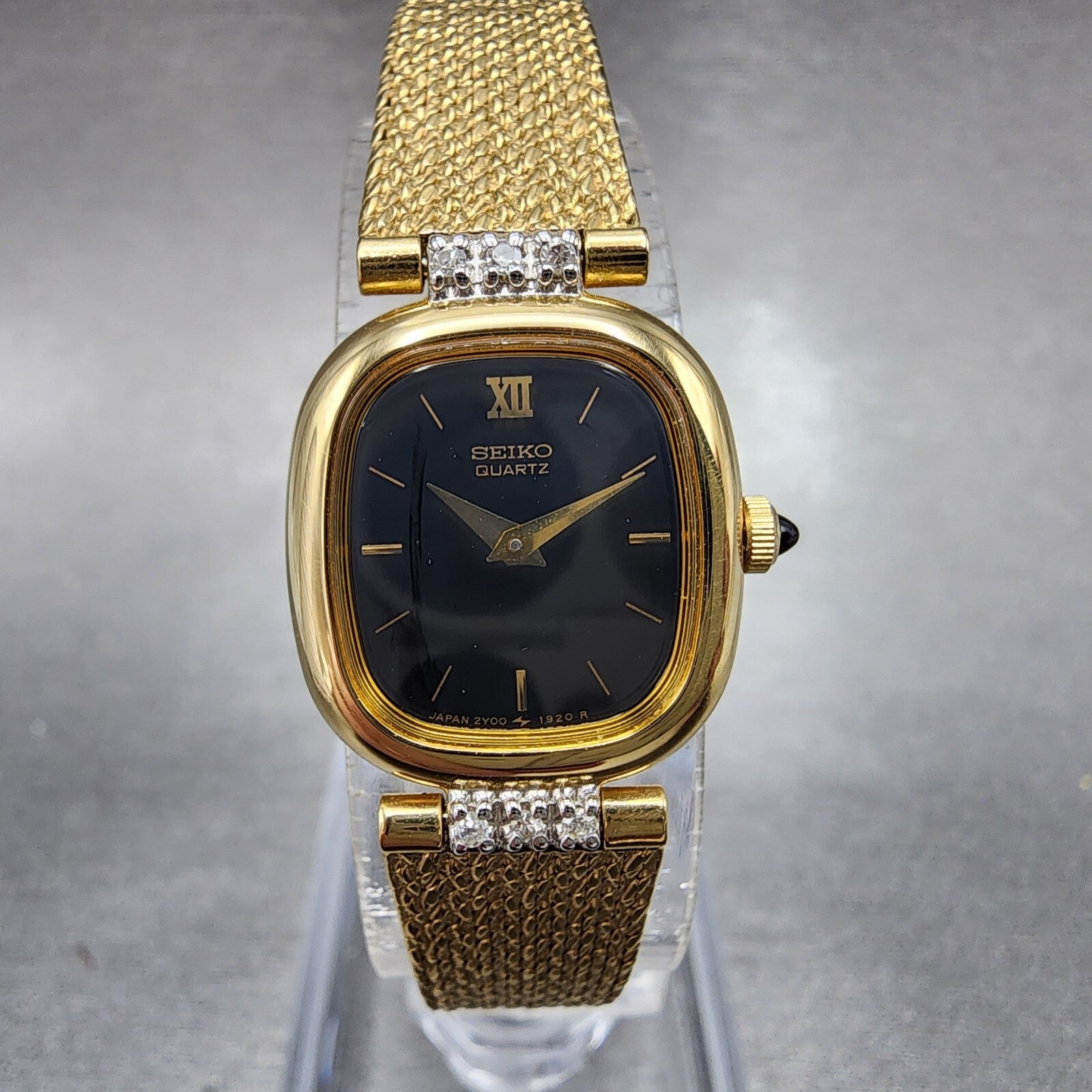 Seiko Watch Women 18mm Black Dial Gold Tone Diamond Accent Rectangle New Battery0