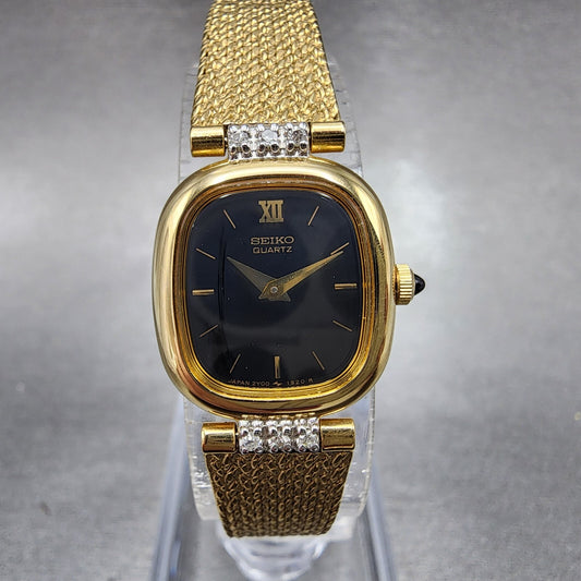 Seiko Watch Women 18mm Black Dial Gold Tone Diamond Accent Rectangle New Battery0