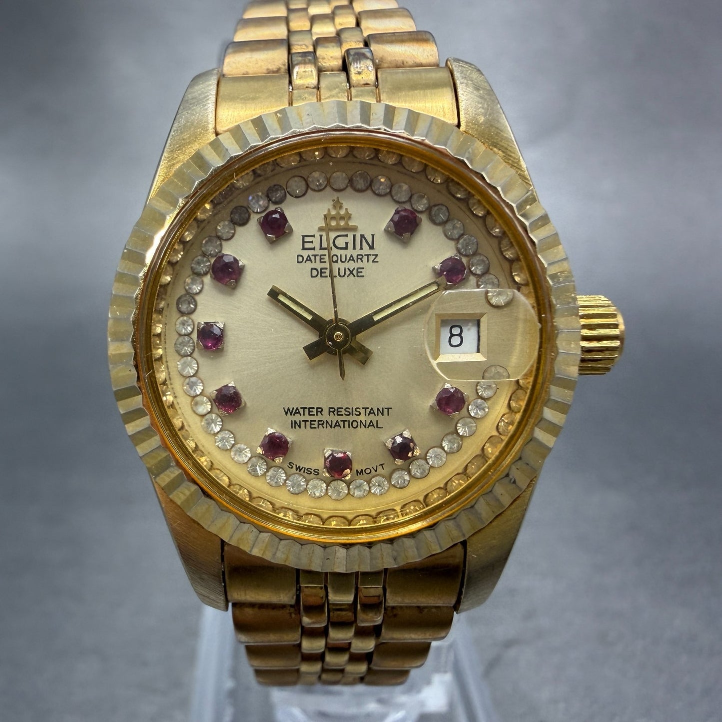 Elgin Watch Women 25mm Champagne Dial Gold Tone Date Round FK330 New Battery0