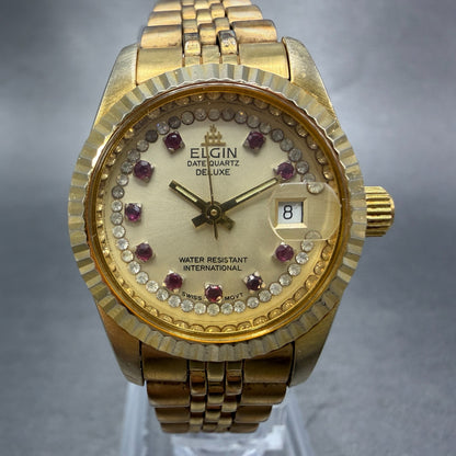 Elgin Watch Women 25mm Champagne Dial Gold Tone Date Round FK330 New Battery0