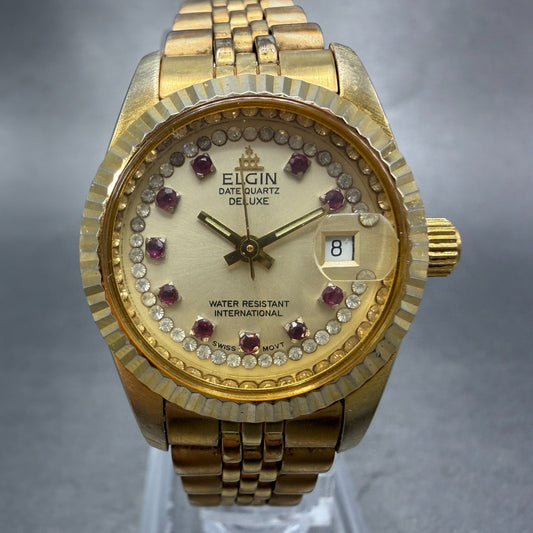Elgin Watch Women 25mm Champagne Dial Gold Tone Date Round FK330 New Battery0