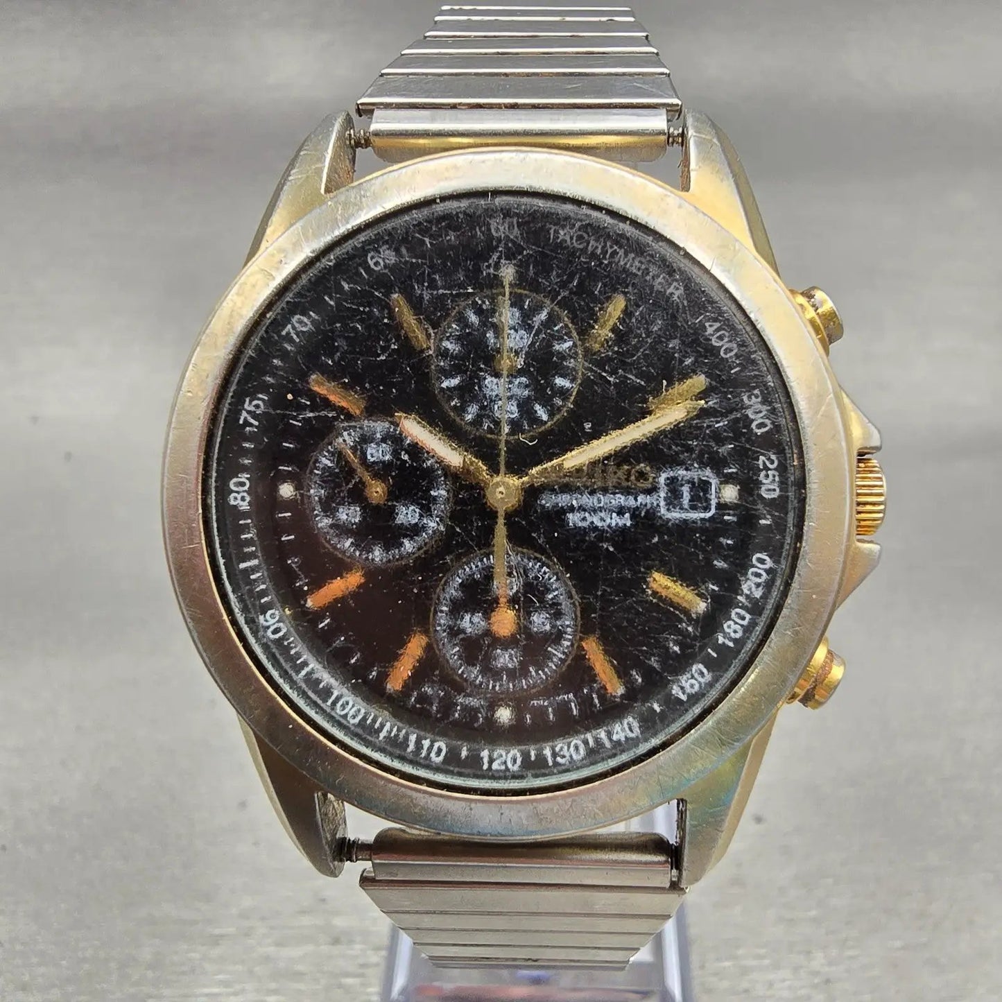 Seiko Chronograph Watch Men 38mm Black Dial Gold Tone Date 7T92-0CW0 New Battery0