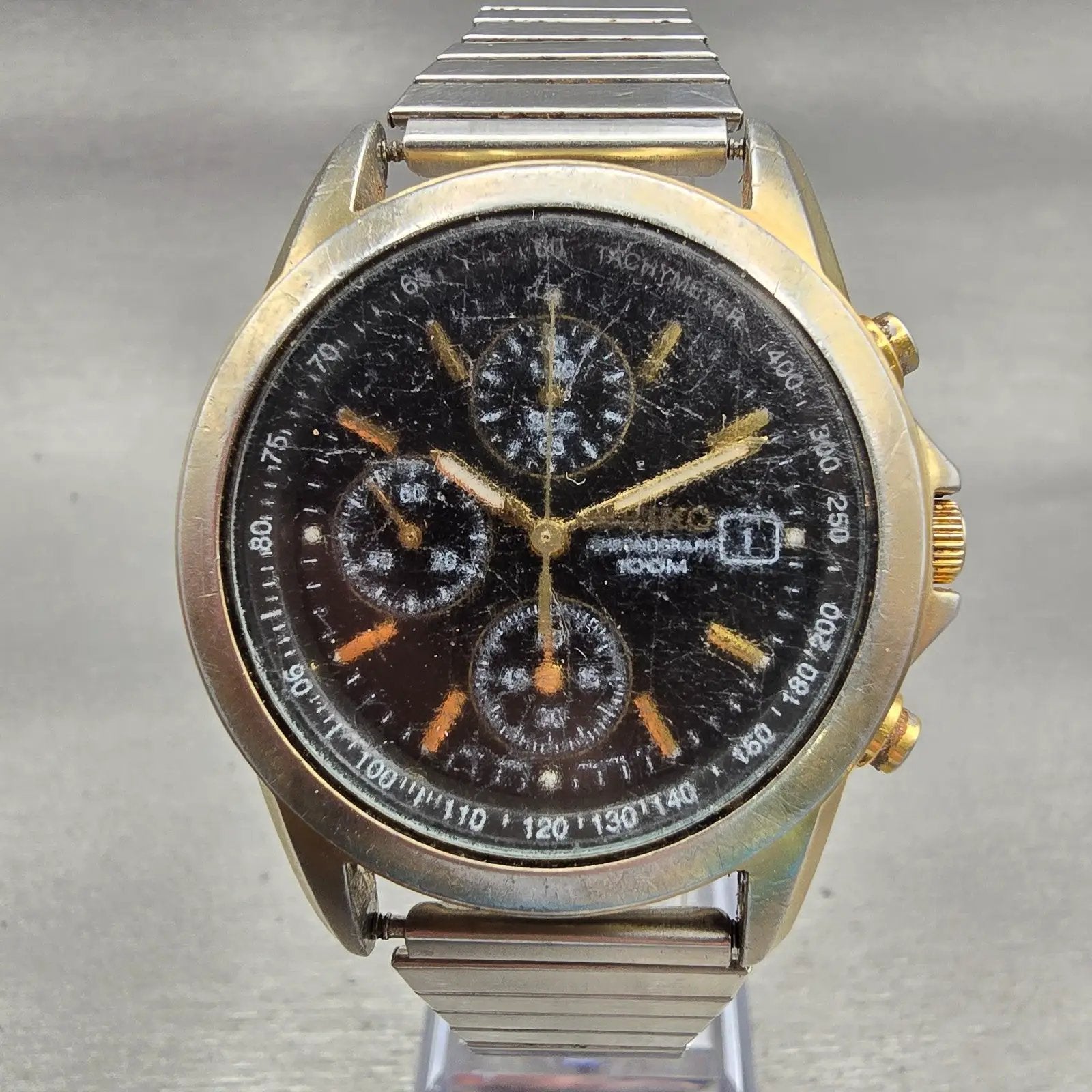 Seiko Chronograph Watch Men 38mm Black Dial Gold Tone Date 7T92-0CW0 New Battery0