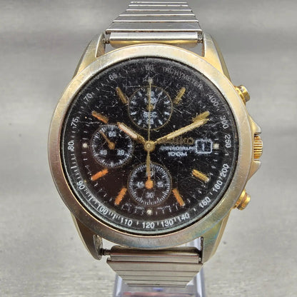 Seiko Chronograph Watch Men 38mm Black Dial Gold Tone Date 7T92-0CW0 New Battery0