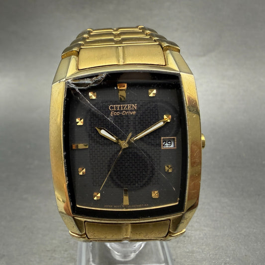 Citizen Eco-Drive Tank Watch Men 31mm Black Dial Gold Tone Date E111-S049369 Run0