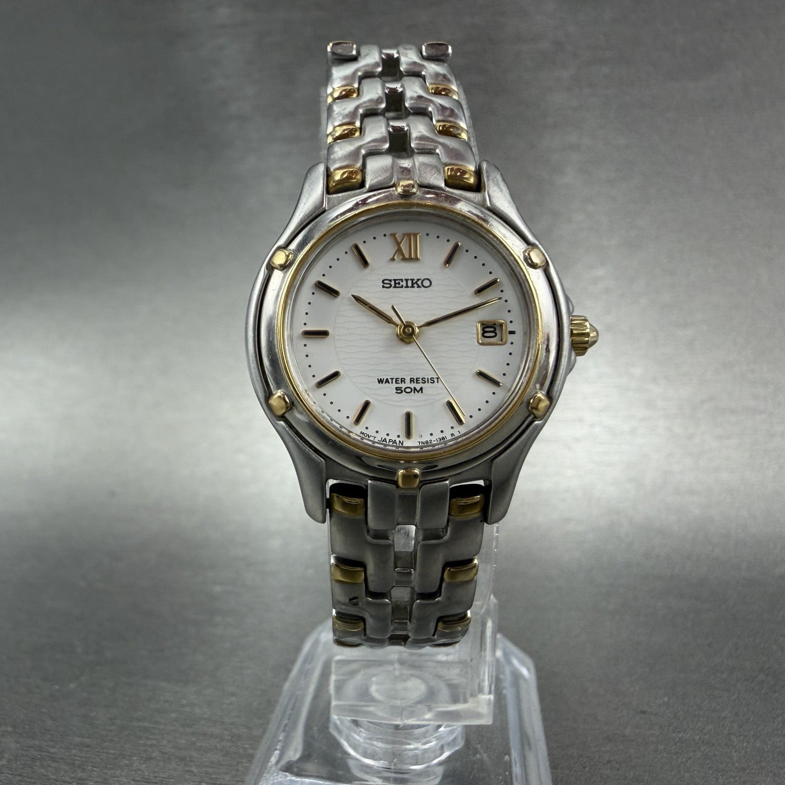 Seiko Watch Women 26mm White Dial Two Tone Date Round 7n82-0599 New Battery JGKP5